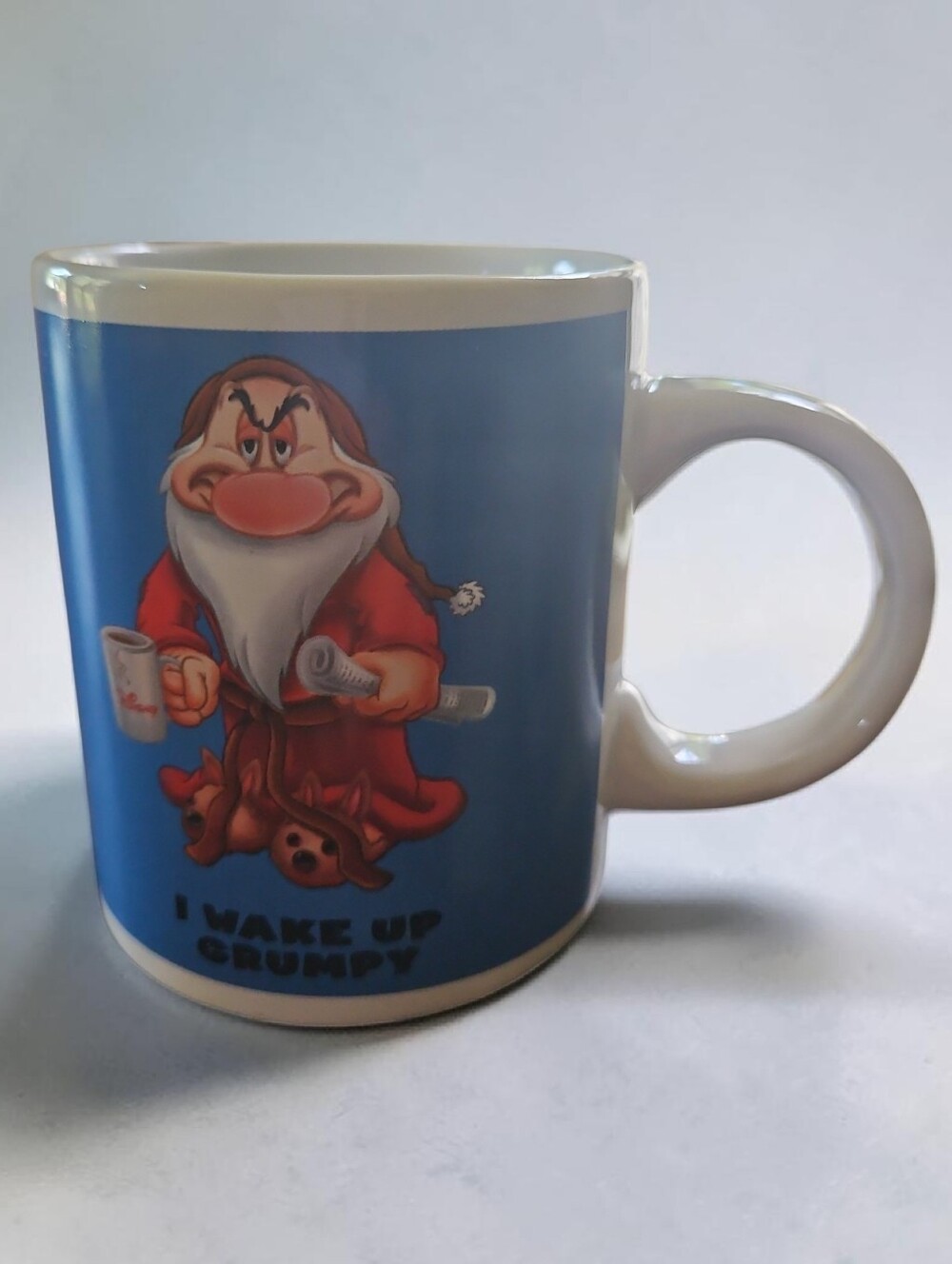 Disney Grumpy Mug "I Wake Up Grumpy" Blue & White Ceramic Coffee Cup